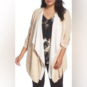 Beige waterfall cardigan with beige cream chiffon layering from Sejour. Size 1X